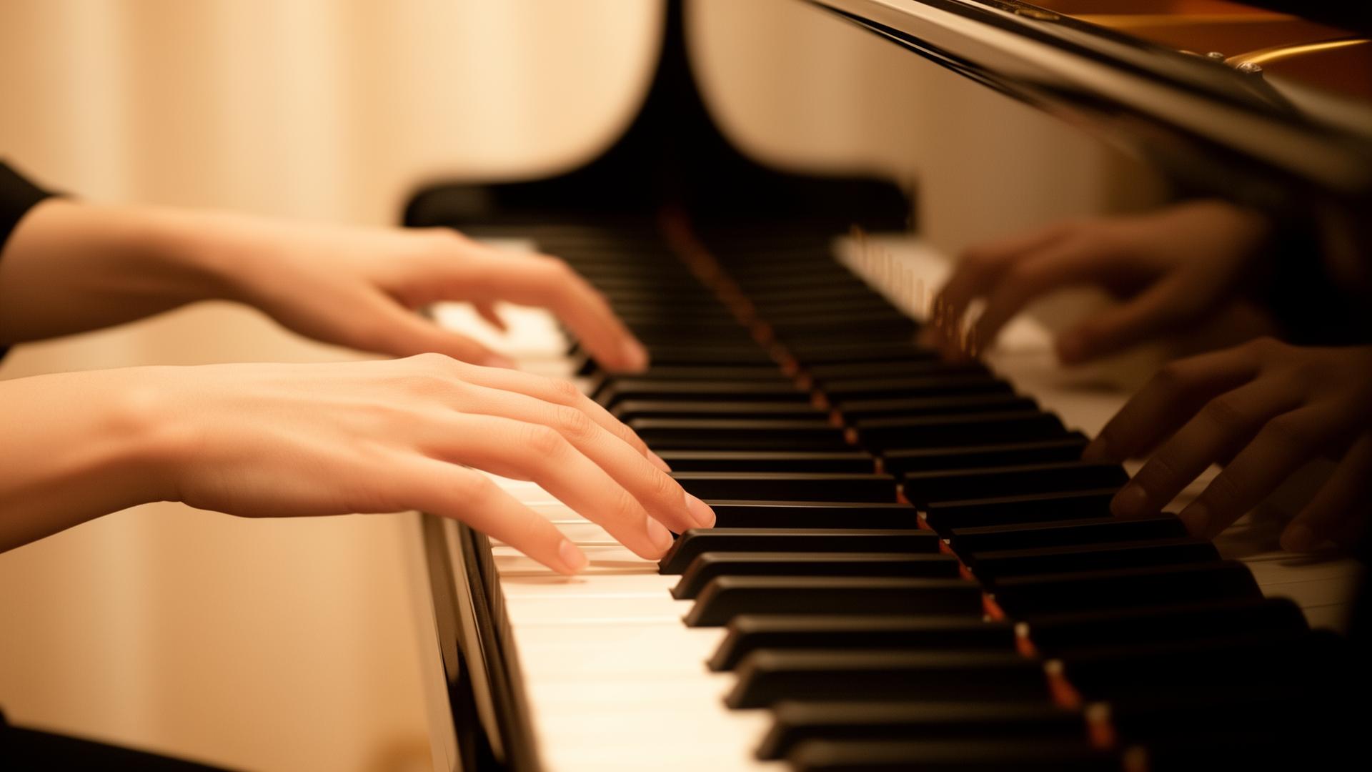 Hands playing piano keys